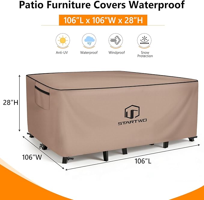 STARTWO Outdoor Furniture Covers Waterproof,Sofa,Table and Chairs General Purpose Patio Furniture Covers with Elastic Hem and Air Vents 106L x 106W x 28H inch