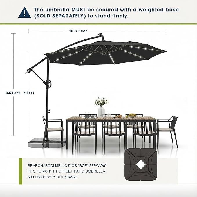 wikiwiki 10ft Solar LED Offset Patio Umbrella, Outdoor Cantilever Patio Umbrellas with Solor Lights for Backyard, Poolside and Garden, Easy Tilt Adjustment, 32 LED Lights & Polyester Shade, Black