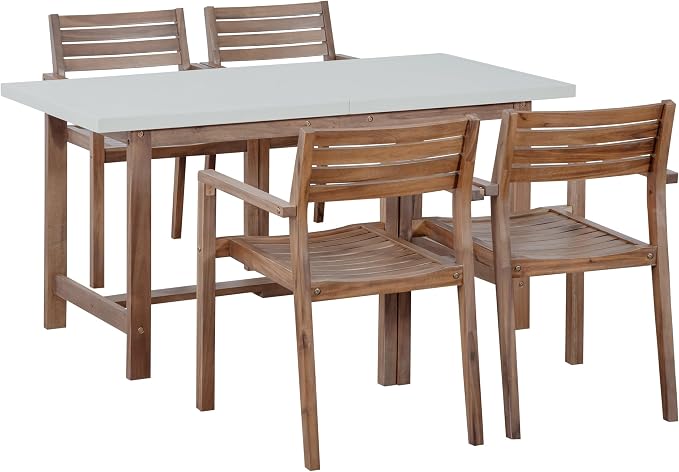 VilroCaz 5-Piece Outdoor Acacia Wood Outdoor Dining Set, All-Weather 59'' Rectangular Table with Umbrella Hole and 4 Armchair for Patio Lawn Garden Poolside (Brown-U27)