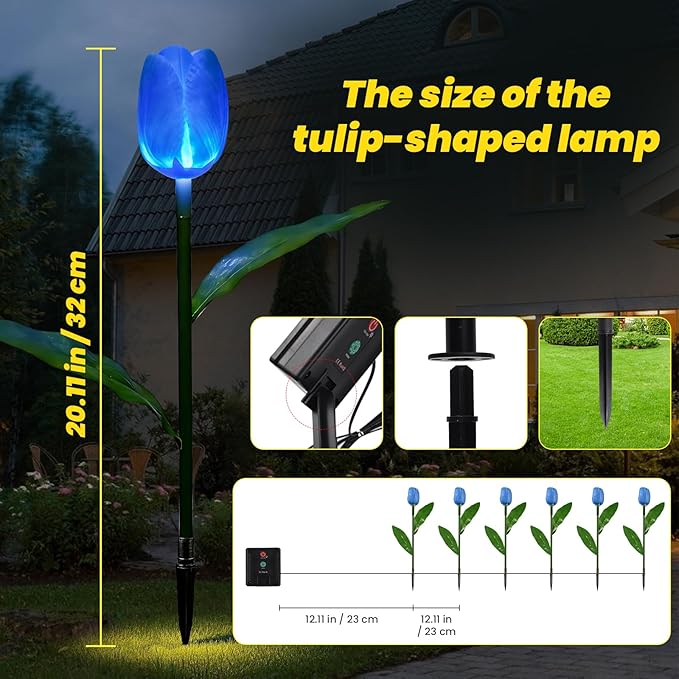 6PACKS Garden Gifts for Mother Day Decorations - Cute Artificial Tulip Blue Flower with Outdoor Path Lights Waterproof,Auto-On/Off,Bright Flower Solar Stake Light for Yard,Porch,Spring Decor