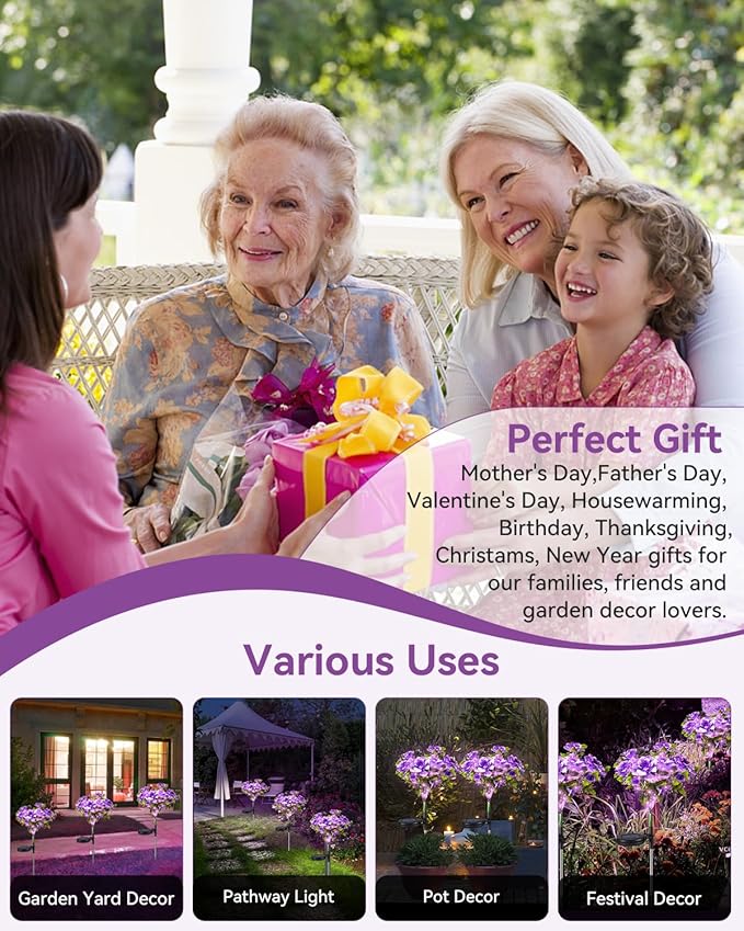 Neporal Solar Garden Lights, 4PK Dusk to Dawn Purple Carnation Solar Flowers Outdoor Waterproof for Garden Decor