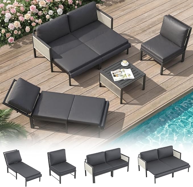 U-MAX Aluminum Patio Furniture Set 4 Seats Outdoor Sectional Couch with Coffee Central Table Patio Conversation Sets for Porch Deck (Dark Grey, with Retractable Sofa Couch and Single Sofa)