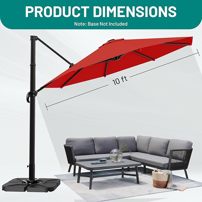 AreShark 10FT Round Cantilever Patio Umbrella with Base Included, 360° Rotation Offset Outdoor Umbrella, 5 Tilt Settings Heavy Duty Hanging Parasol for Deck Garden Pool, Red