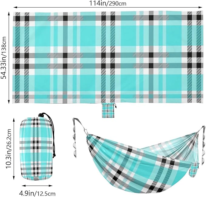 Black Whiteal Checkered Plaid 330lb Capacity Camping Hammocks with Tree Straps Hanging Hammock for Outside Patio Backyard Poolside hamaca de Algodon para Jardin