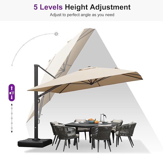 PURPLE LEAF 11 FT Square Patio Umbrella with Wheeled Base Included Large Outdoor Offset Umbrella with 360-degree Rotation Cantilever Umbrella for Garden Deck Backyard Pool Beige