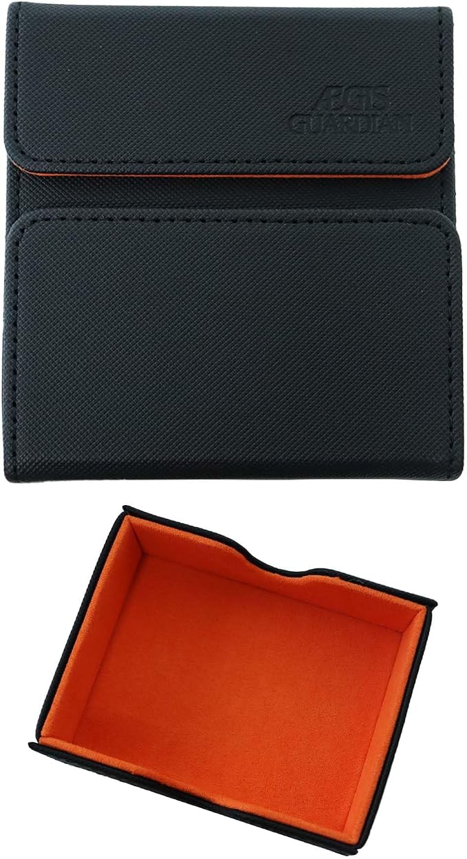 AEGIS GUARDIAN Card Deck Box with Dice Tray for MTG Cards, Commander Deck Box fit 150+ Sleeved Cards, PU Leather Card Storage Box Strong Magnet Deck Game Case for TCG CCG, Black and Orange
