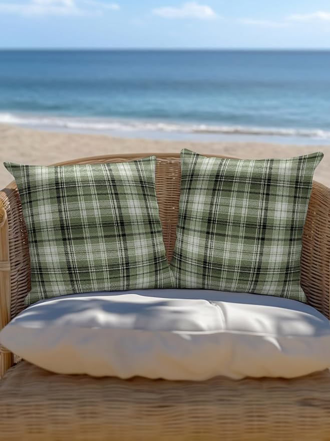 Waterproof Outdoor Pillow Set of 2 Green Checked Plaid Decorative Throw Pillows Cover & Insert 18x18 Inch Pillowcase Stripes Woven Grid Square Pillows for Couch Sofa Bed Patio Furniture Indoor Outdoor