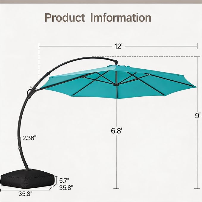LAUSAINT HOME 12ft Patio Cantilever Umbrella with Base Included, Outdoor Curvy Round Offset Umbrella, Heavy Duty Aluminum, 360° Rotation for Pool, Deck, Lawn, Backyard (Turquoise Blue)