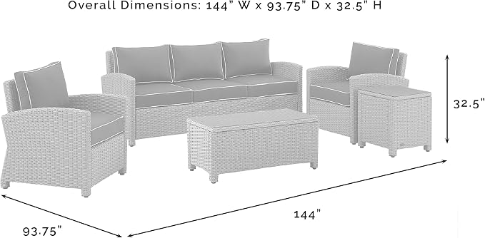 Crosley Furniture Bradenton 5-Piece Outdoor Sofa Patio Furniture Set, Wicker Conversation Sets for Porch, Brown with Navy Cushions
