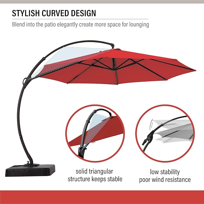 LAUSAINT HOME 11FT Curvy Cantilever Patio Umbrella with Base, 360° Rotation Offset Outdoor Umbrella, Heavy Duty Hanging Umbrella for Backyard, Pool, Garden（Red）