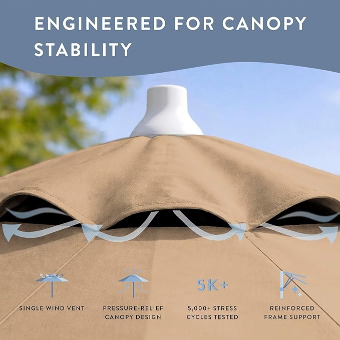 California Umbrella 8-Year Protection 7.5 Ft Outdoor Patio Umbrella, Solstice Fade-Resistant Fabric, Auto-Tilt, Heavy Duty Aluminum Frame, 8 Reinforced Ribs for Pool or Deck, White Pole, Antique Beige