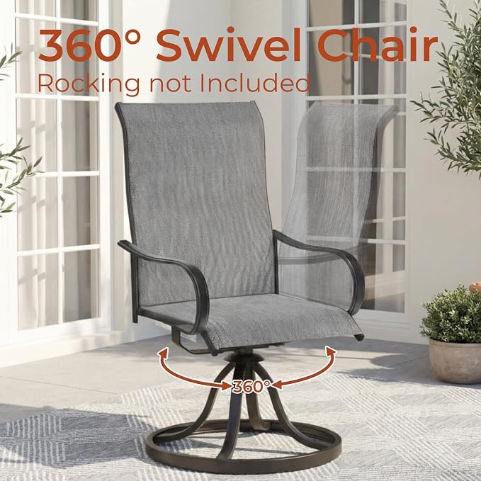 TLSUNNY 3 Piece Patio Dining Set for 2, Outdoor Table and Chairs W/1.57"-1.8" Adjustable Umbrella Hole & Foot Pads, 27.6" Round Metal Table and Patio 360° Swivel Chair, Rocking not Included (Grey)