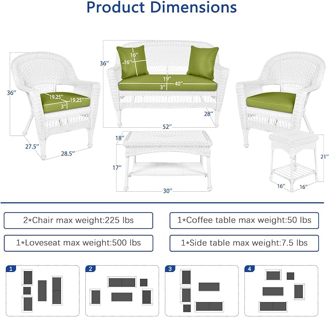Jeco 5 Piece Resin Wicker Patio Conversation Set in White with Green Cushions