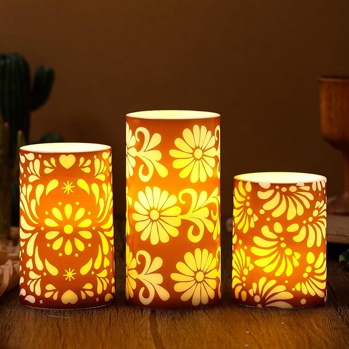 Baquler 3 Pcs Mexican Barro Flameless Candles with Remote Timer Battery Operated LED Flickering Pillar Mexican Home Decor Talavera Decor Mexico Gifts Dinner Holiday Decoration