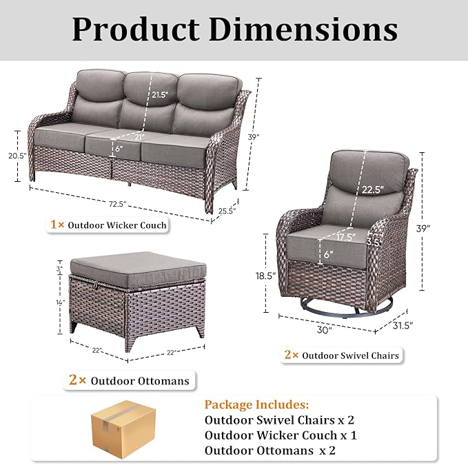 Luxury High Back Patio Furniture Set with 6-Inch Thick Cushions, 5-Pieces Outdoor Furniture with Swivel Chairs, Wicker Conversation Set for Porch, Balcony, Deck and Yard, Brown/Grey