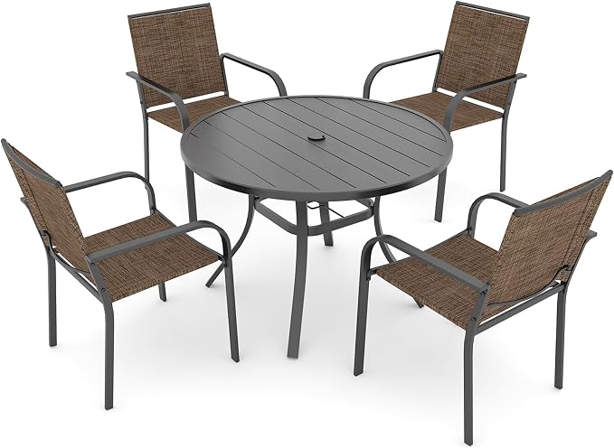 Anmutig 5 Piece Patio Dining Set 41 Inch Round Table Stackable Chairs Brown | Powder-Coated Steel Frame, Quick-Dry Textilene Mesh, Dual-Size Umbrella Hole, Weather Resistant, Patio, Garden, Backyard