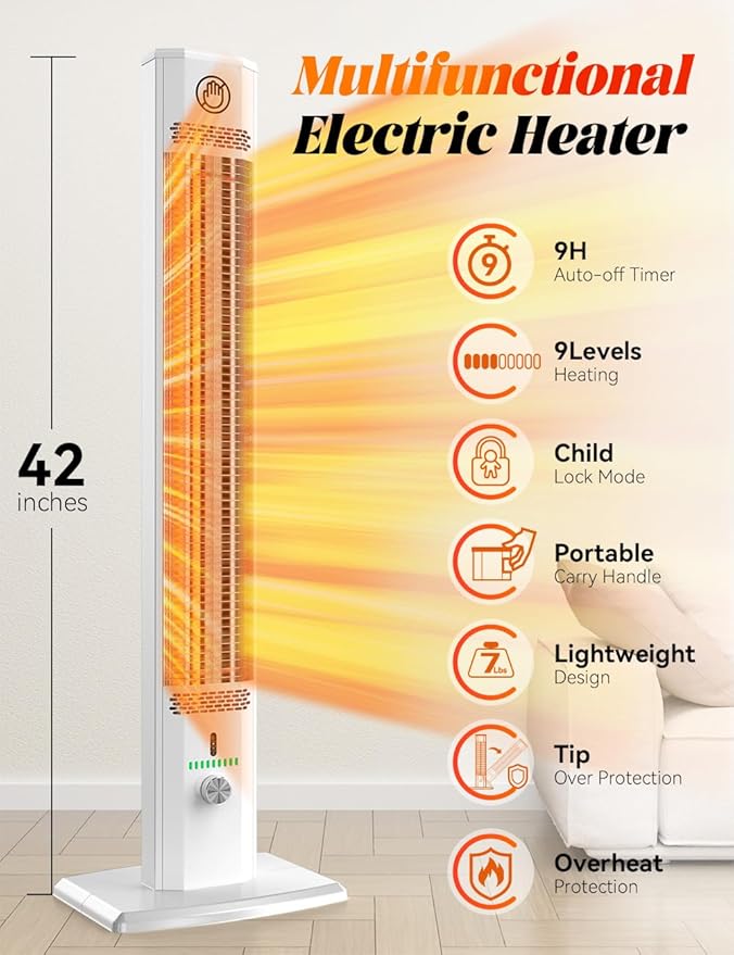 BALKO 42INCH Outdoor Heater, 9 Heat Levels & 540Min Timer, Child Safety Lock, IP65 Waterproof Garage Heater, 1500W Infrared Heating,Tip-Over & Overheat Protection, Patio Heaters for Outdoor Use Indoor