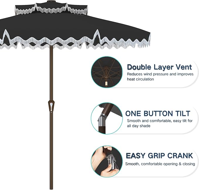 Kingdura 9ft Patio Umbrella with Fringe, Outdoor Table Umbrella with 8 Sturdy Fiberglass Ribs, Push-Button Tilt, Fade Resistant Canopy, UPF 50+, Luxurious Vintage Pool Umbrellas for Lawn, Deck, Balcony