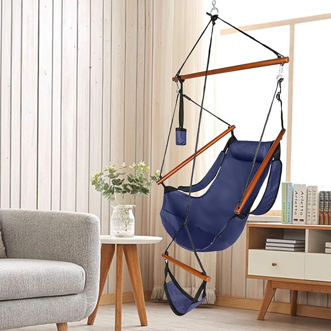 Hammock Hanging Sky Chair with Footrest, Folding Camping Air Deluxe Swing Seat with Rope, Heavy Duty Foldable Rocker with Cup Holder for Outdoor Beach Patio Sport Lawn (Blue)