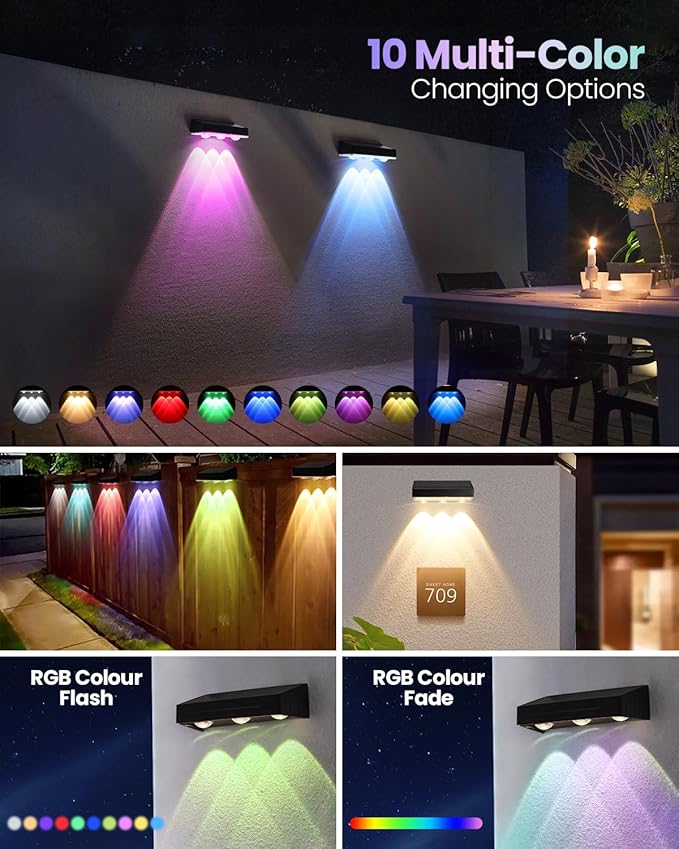 2025 Upgraded Solar Fence Lights Outdoor 8 Pack, 3000K-6000K Solar Deck Lights 30H Runtime, 12 RGB Modes Solar Powered Wall Lights IP65 Waterproof Auto On/Off for Backyard, Patio, Step, Gutter 1 Lens
