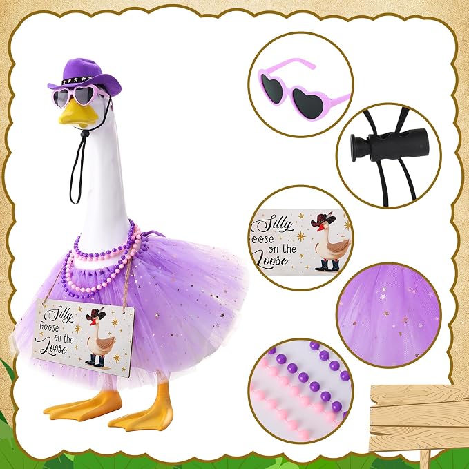 6pcs Purple Princess Porch Goose Outfits for 17-23 Inches | Tutu Skirt Cowboy Hat Glasses Necklaces Wooden Sign for Outdoor Garden Lawn Art Decor