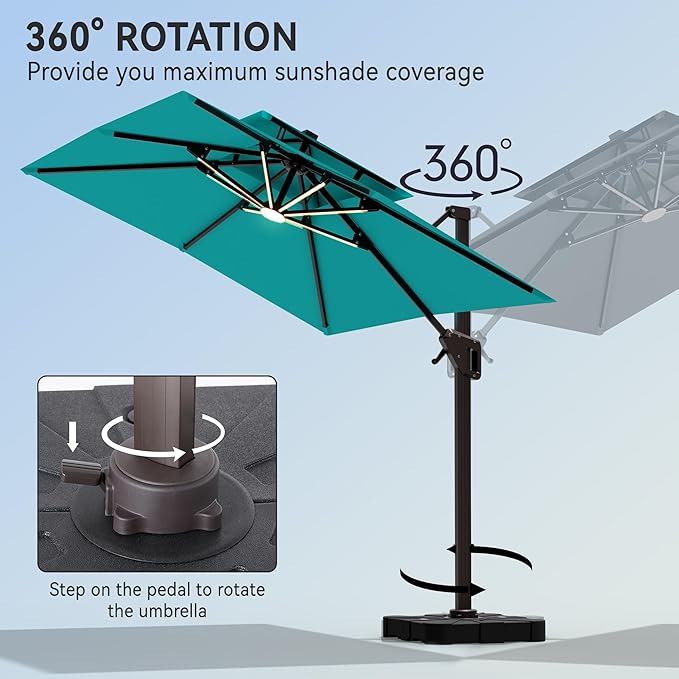 10' X 13' Cantilever Patio Umbrella with Led Lights Double Top Rectangular Outdoor Large Offset Umbrellas with 7 Tilts Adjustable 360°Rotation for Deck Pool Garden Backyard, Turquoise