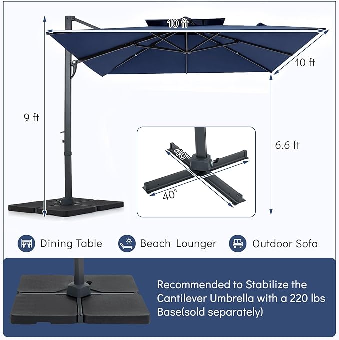 Tangkula 10 FT Patio Cantilever Umbrella, Large Square Offset Hanging Umbrella w/ 360° Rotation, 8 Sturdy Ribs, Air Vent & Cross Base, Heavy-Duty Outdoor Sun Shade for Backyard Pool Garden Deck, Navy Blue