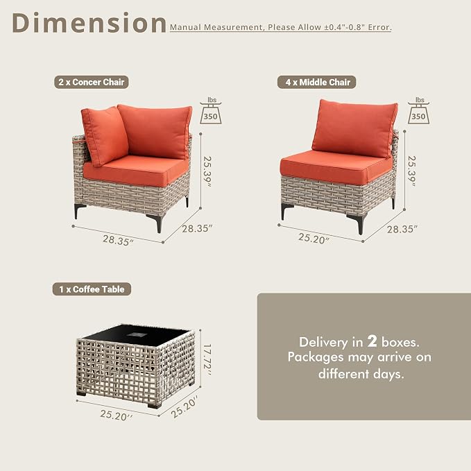 5 Pieces Patio Sectional Furniture Set, Outdoor Wicker Sectional Couch with Solar Lights Table, Modern Conversation Set for Porch Balcony Backyard, Red