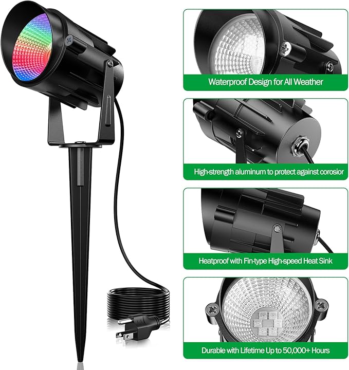 Spotlight Outdoor RGB Led Lights, 12W Color Changing Outdoor Floodlight Fixture with Stake for Garden Yard Path, 120V Waterproof Landscape Lighting Plug in with Remote (4 Pack)