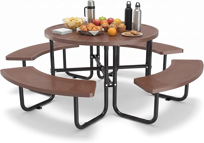 46" Round Metal Picnic Table with Umbrella Hole, Heavy Duty Stainless Steel Outdoor Table, Portable Patio Dining Table for Backyard Garden Picnic (Coffee -Round)
