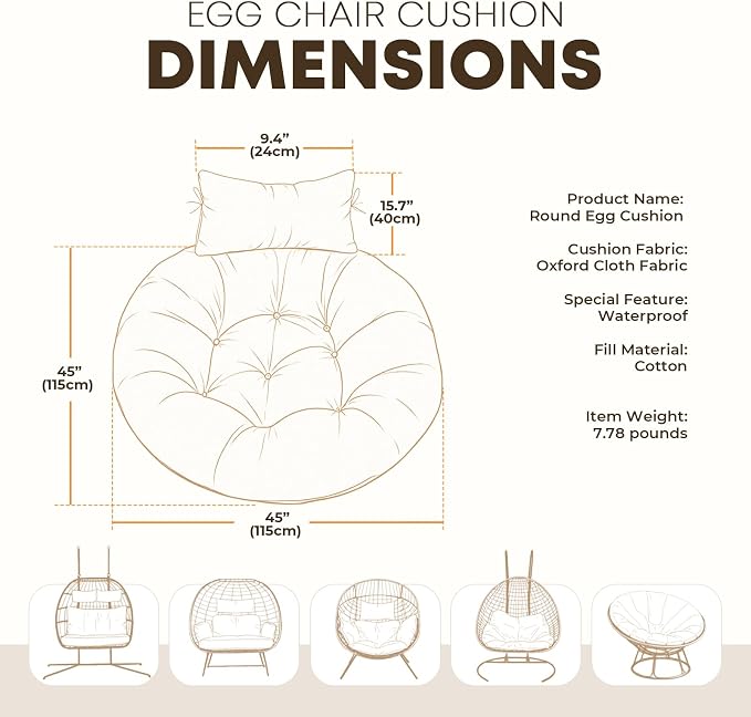 Outdoor 45" Round Egg Chair Cushion Replacement Waterproof Orange Tree | Thicken Pad with Headrest Pillow, Hanging Swing Wicker Egg Chair Cushions, Suitable for Garden Office
