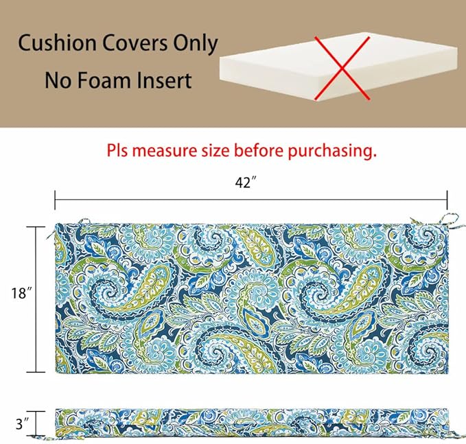 Magpie Fabrics Patio Bench Cushion Cover 42x18x3 Inch, NO Insert! Water&Fade Resistant Outdoor Loveseat Replacement Cover with Zipper (Paisley Lapis Green)