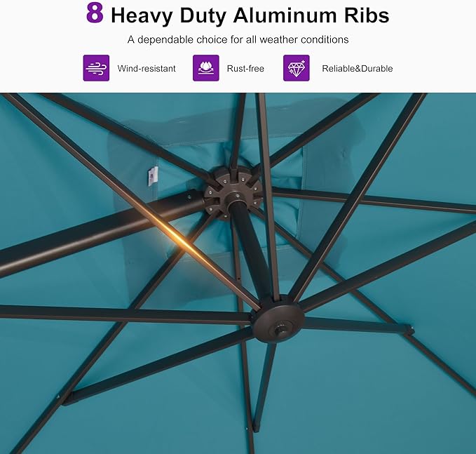PURPLE LEAF 8' X 8' Cantilever Patio Umbrella Antique Bronze Square Umbrella with 360° Rotation and Aluminum Offset Hanging Outdoor Umbrella for Pool Garden Backyard Deck, Turquoise