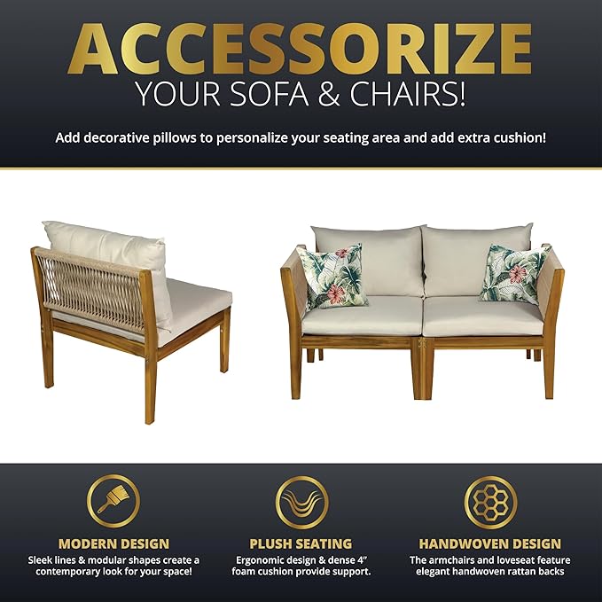 Kinger Home Steven 5-Piece Acacia Wood Outdoor Patio Furniture Set with Cushions Stylish and Durable Compact Wood Patio Furniture Set for Gardens, Decks, and Balconies