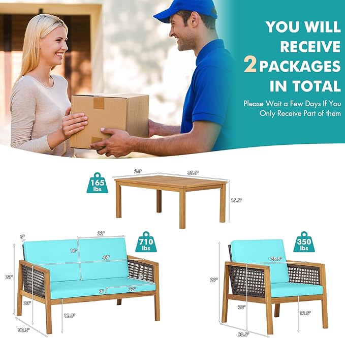 HAPPYGRILL 4 Pieces Patio Conversation Set Acacia Wood Furniture Set with Coffee Table, PE Rattan Wicker Sofa Set with Soft Cushions for Outdoor Garden Deck Poolside