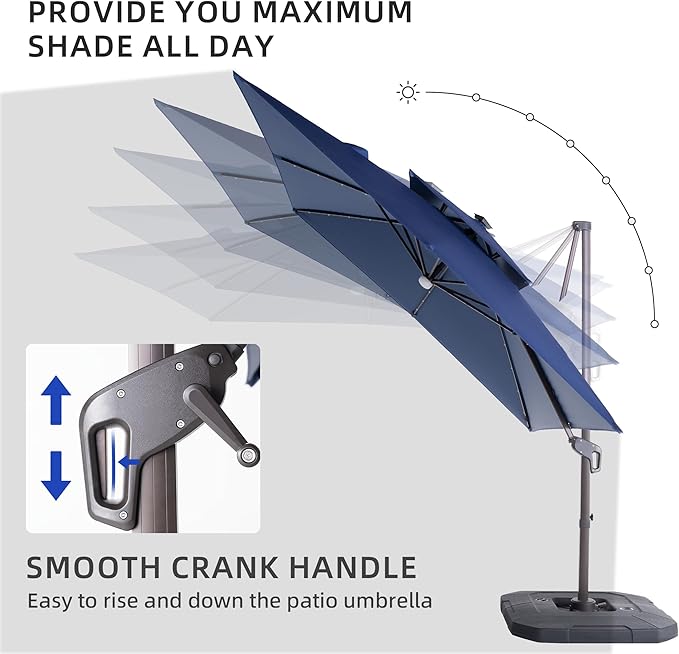 JZAC & QZYD 9x9 FT Outdoor Cantilever Patio Umbrella with Solar LED Lights, Large Heavy Duty 2-Tier Canopy Square Aluminum Offset Umbrellas with 360-Degree Rotation for Pool Deck Backyard, Navy