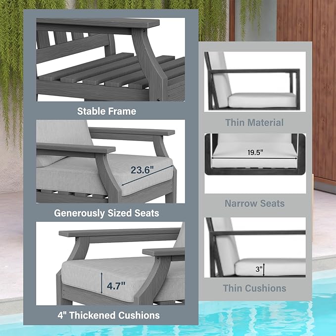 HDPE Patio Conversation Set, 6-Piece All Weather Outdoor Furniture Set with 2 Single Rocking Armchairs for Deck, Lawn, with Cushion, Gray