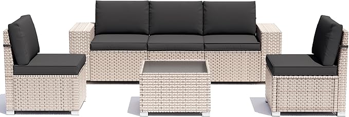 6 Pieces Patio Furniture Set, Outdoor Sectional Wicker Sofa with Thickened Cushions and Coffee Table, High Back Rattan Patio Conversation Sets for Garden Backyard, Black