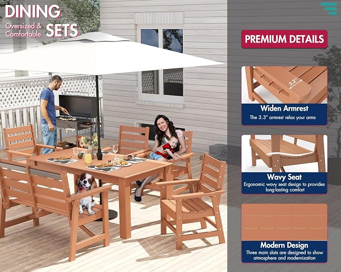 BRIOPAWS Outdoor-Dining-Table-Set | 5 Piece | HDPE | 2 Benches and 2 Chairs Sets for 6 | Patio Dinner Furniture | All Weather | Umbrella Hole | for Poolside Deck Backyard Outdoors | Teak