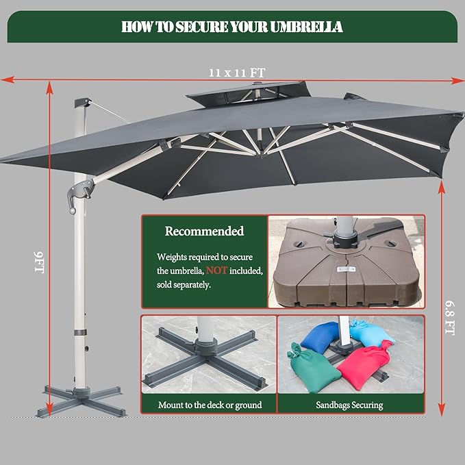Cantilever Patio Umbrella with Cross Base and Cover Included - 360° Rotation Large Heavy Duty Offset Outdoor Umbrella with Easy Tilt for Pool Backyard Deck Garden (11x11 FT Grey)