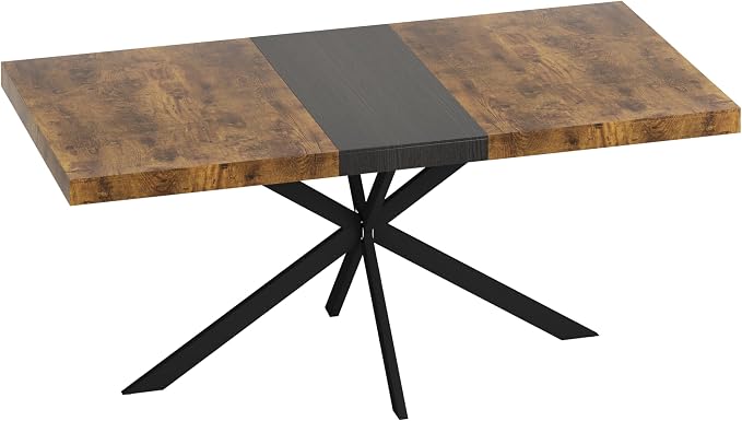 55.11" -70.86" Extendable Dining Room Table, Retro Folding Dining Tables for 4-6 People with Antique Wood Top/Black Fine Sand Cross Iron Foot Base/Storage Box, Black Brown