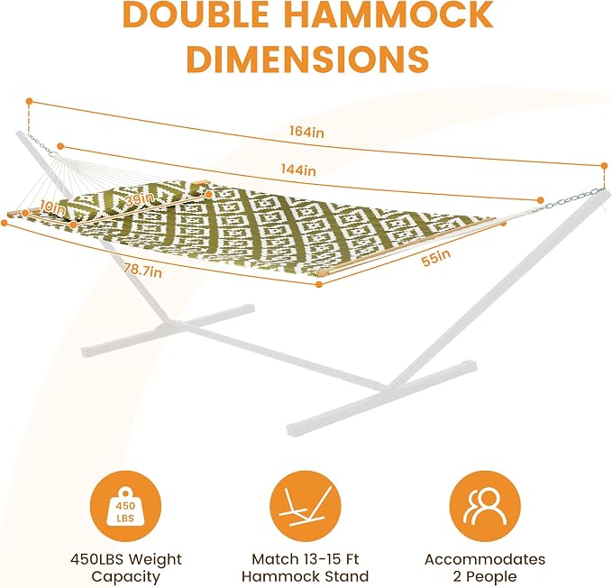 Lazy Daze Hammocks 12FT Quilted Fabric Hammock with Soft Pillow, Double 2 Person Tree Hammock with Spreader Bar for Outside Patio Poolside Backyard Beach, 450 lbs Capacity, Green Geometric