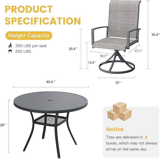 VICLLAX Patio Dining Set for 4, 5 Pieces Outdoor Furniture Set- 40.7" Round Outdoor Table and Swivel Padded Chairs, Grey Tabletop and Grey Fabric
