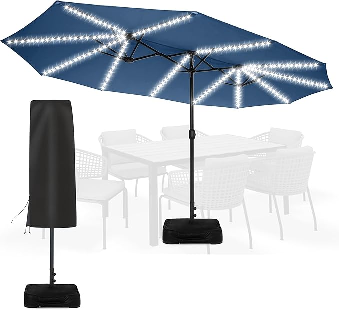 Sundale Outdoor Solar 144 LED 15 ft Patio Umbrella with Sandbag Base Included and Cover, Outdoor Double-Sided Umbrella with Lights
