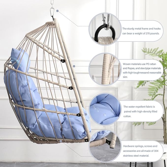 Hanging Egg Chair Without Stand – Foldable Rattan Wicker Swing Chair with Cushion & Headrest, 350lbs Capacity, Ceiling/Tree Mount Kit Included for Indoor Outdoor Use,Blue