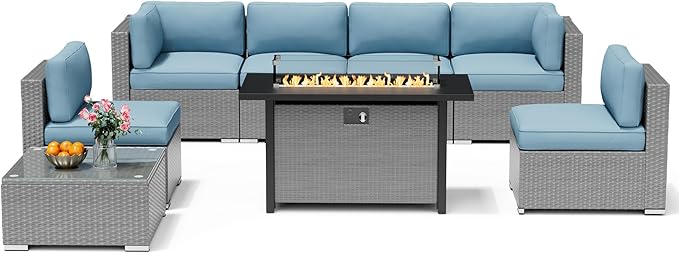 8 Pieces Outdoor Patio Furniture Set with 45” Propane Gas Firepit Table, Grey Wicker Patio Sectional Sofa Set, Outdoor Couch with Cushion and Tempered Glass Table, Sky Blue