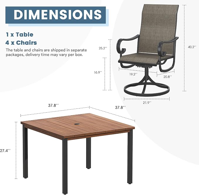 DIFY 5 Pieces Patio Dining Set, 40.2" Walnut Square Dining Table with Umbrella Hole and 4 Black Swivel Patio Chairs, All Weather Metal Outdoor Dining Furniture Set for Lawn Garden Balcony