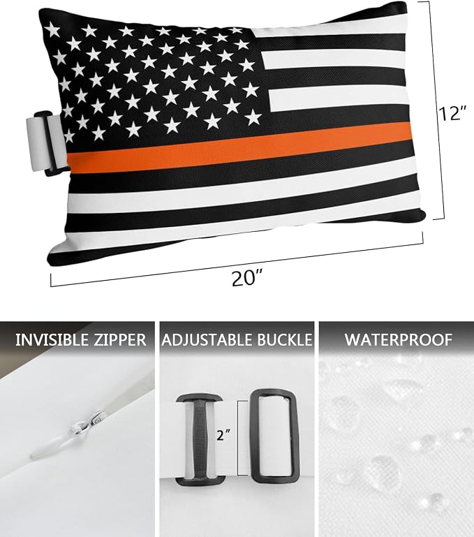 Outdoor Pillows Covers with Inserts Thin Orange Line Flag Search Waterproof Recliner Pillow with Adjustable Strap Throw Pillows for Patio Furniture Pool Lounge Chair, 12x20 inch, 2PCS
