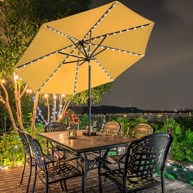 EliteShade USA 10-Year-Non-Fading 9ft Market Patio Umbrella, Commercial Grade Table Sun Umbrella with 80 Solar LED Lights, Crank Open, Windproof & UPF 50+ UV Protection for Garden, Deck, Pool, Backyard, Sunflower Yellow