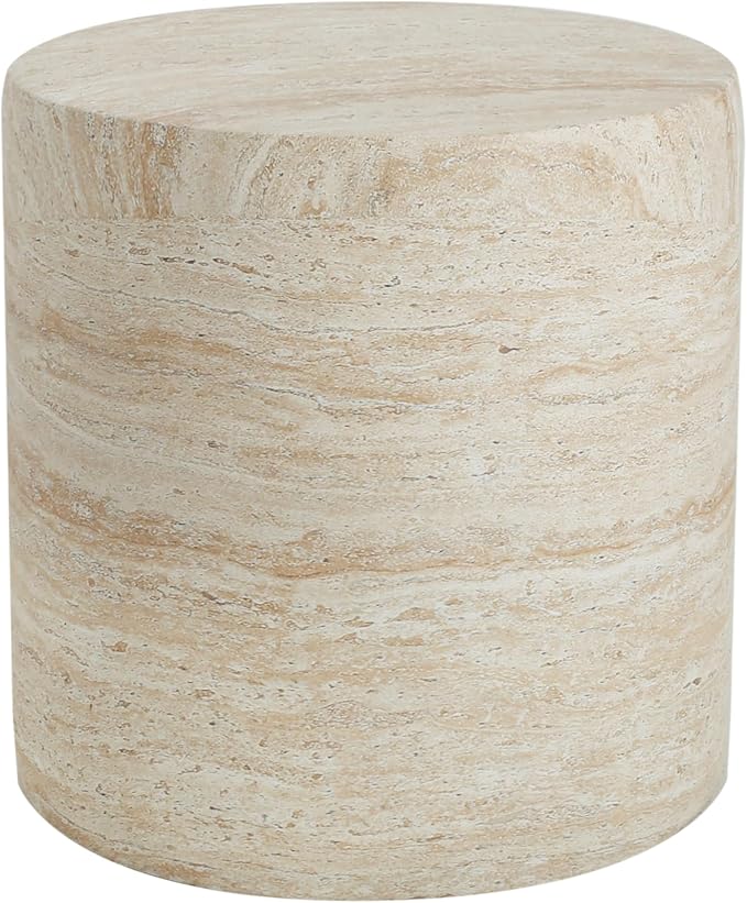 Outdoor Side Table Faux Marble End Table Travertine End Tables Concrete Side Tables Faux Stone Small Coffee Tables for Patio, Garden Stool Plant Stand for Porch Backyard, 15.5"*16" Cylindrical Beige
